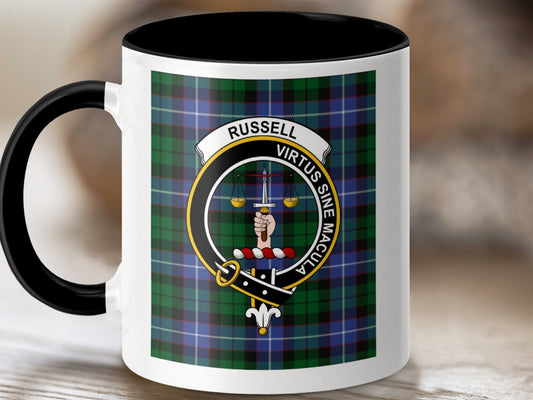 Physical Item 11oz / Black Russell Clan Scottish Tartan Crest Mug