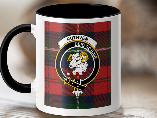 Physical Item 11oz / Black Ruthven Clan Scottish Tartan Crest Mug