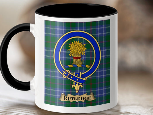 Physical Item 11oz / Black Rutledge Clan Scottish Tartan Crest Mug