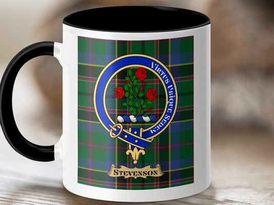 Physical Item 11oz / Black Stevenson Clan Scottish Tartan Crest Mug