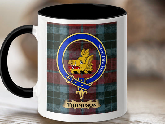 Physical Item 11oz / Black Thompson Clan Scottish Tartan Crest Mug