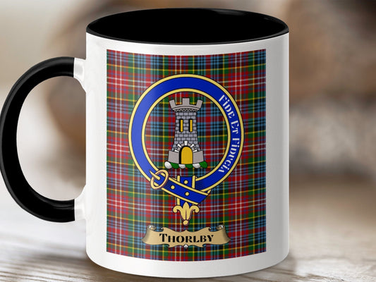 Physical Item 11oz / Black Thorlby Clan Scottish Tartan Crest Mug