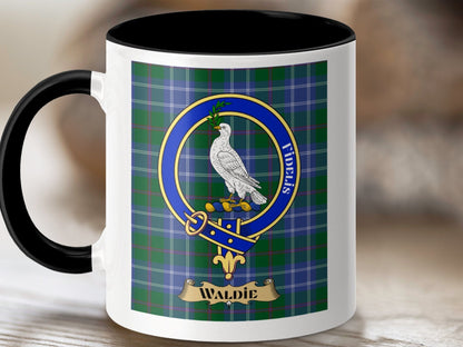 Physical Item 11oz / Black Waldie Clan Scottish Tartan Crest Mug