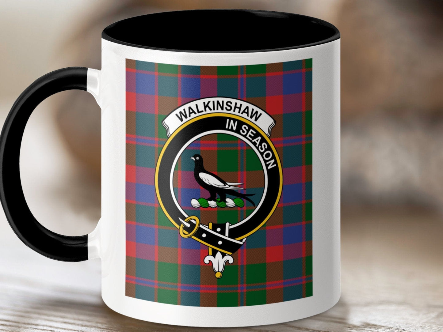 Physical Item 11oz / Black Walkinshaw Clan Scottish Tartan Crest Mug