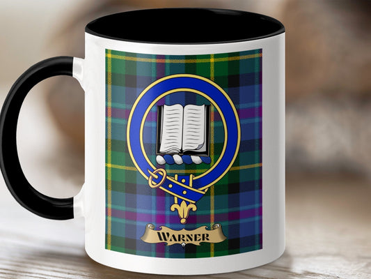 Physical Item 11oz / Black Warner Clan Scottish Tartan Crest Mug