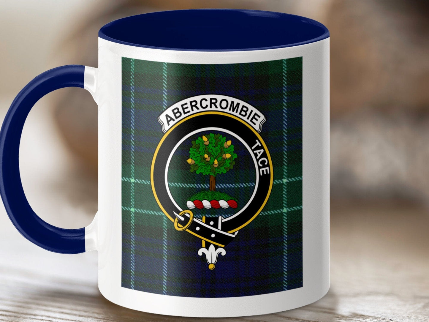 Physical Item 11oz / Dark Blue Abercrombie Clan Scottish Tartan Crest Mug