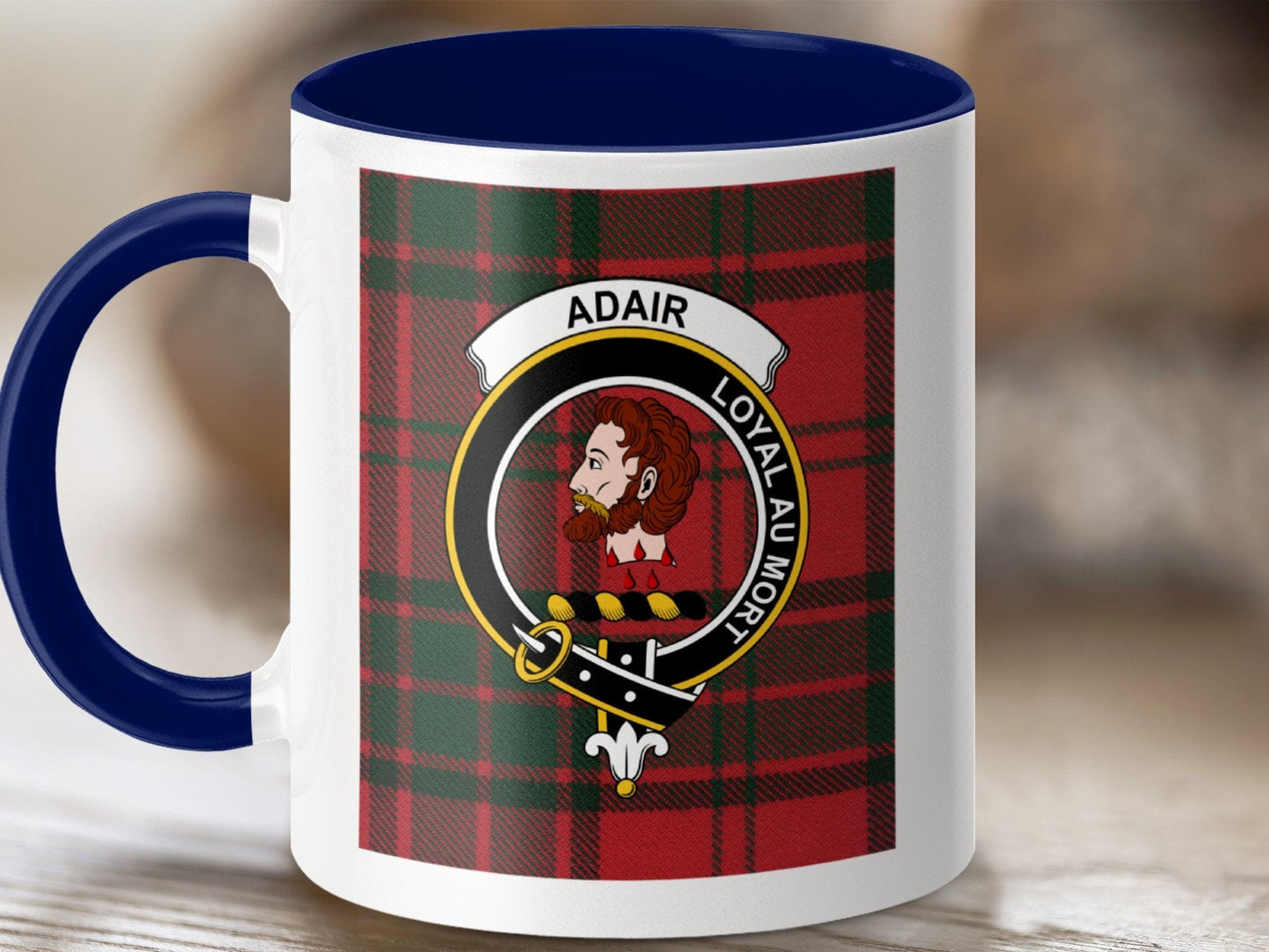 Physical Item 11oz / Dark Blue Adair Clan Scottish Tartan Crest Mug