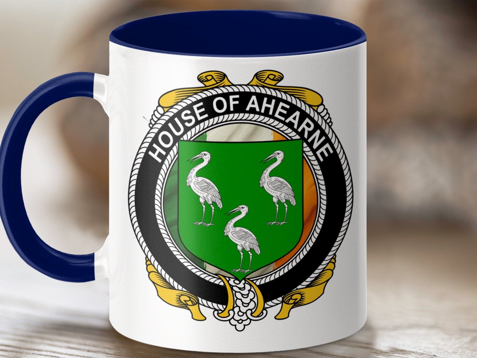 Physical Item 11oz / Dark Blue Ahearne Surname Irish Crest Flag Design Mug