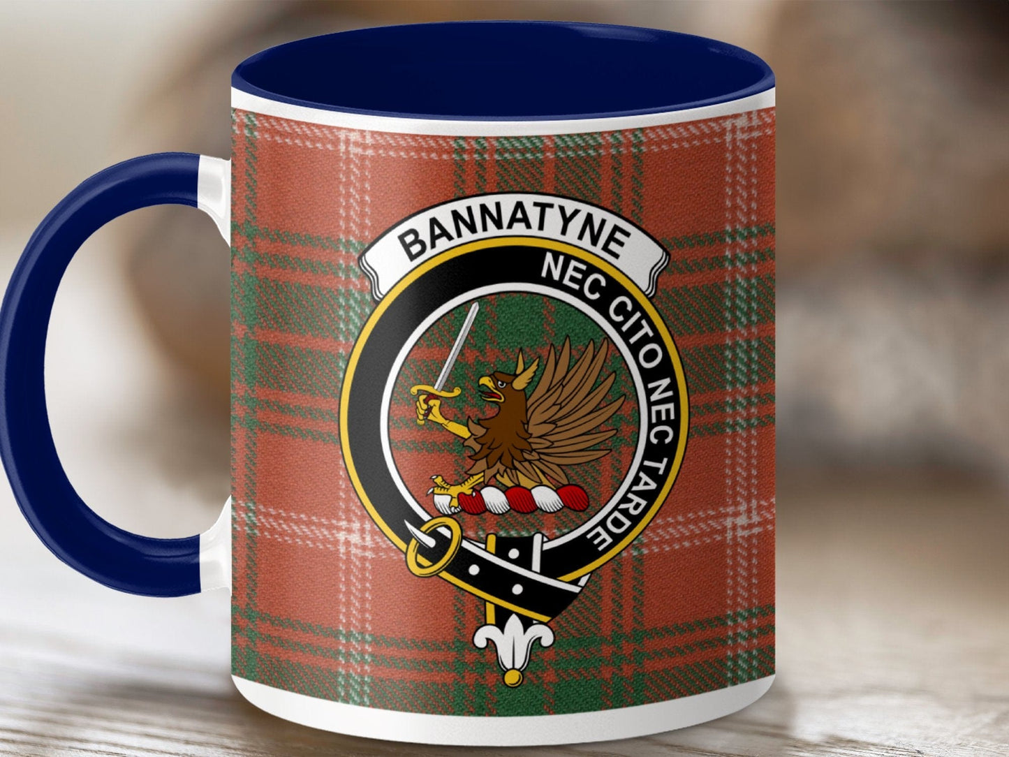 Physical Item 11oz / Dark Blue Bannatyne Clan Crest Tartan Scottish Mug