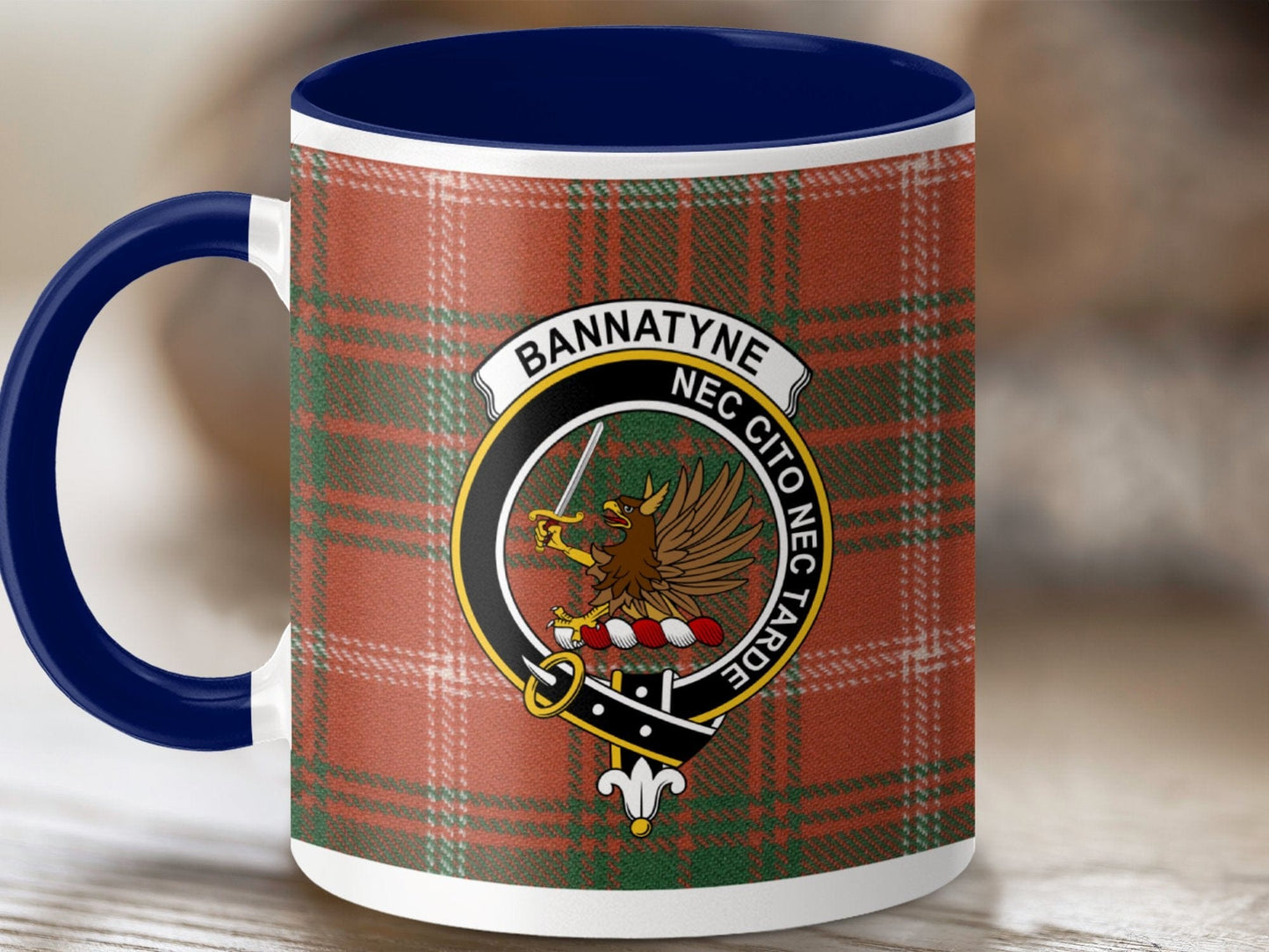 Physical Item 11oz / Dark Blue Bannatyne Clan Crest Tartan Scottish Mug