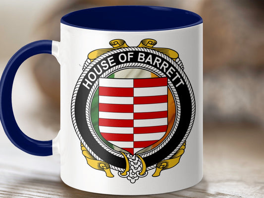 Physical Item 11oz / Dark Blue Barrett Surname Irish Crest Family Heritage Mug