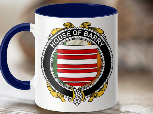 Physical Item 11oz / Dark Blue Barry Surname Irish Crest Heritage Display Mug