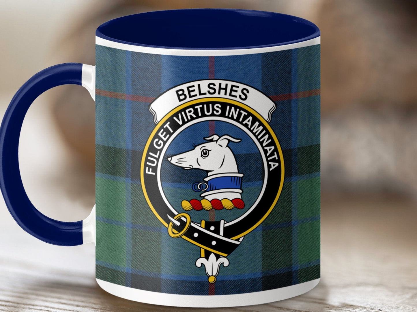 Physical Item 11oz / Dark Blue Belshes Clan Crest Tartan Scottish Mug