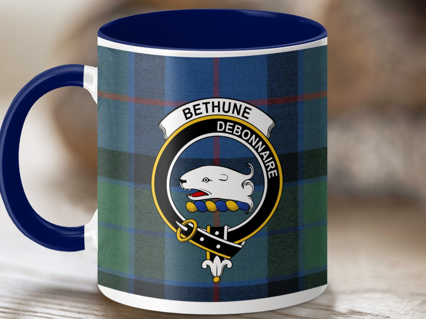 Physical Item 11oz / Dark Blue Bethune Clan Crest Tartan Scottish Mug