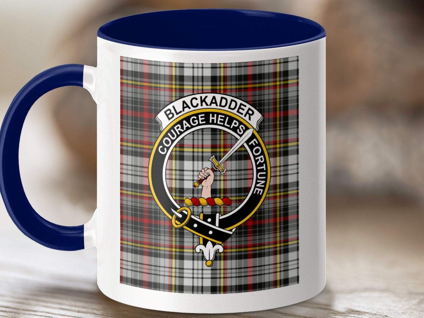 Physical Item 11oz / Dark Blue Blackadder Clan Scottish Tartan Crest Mug