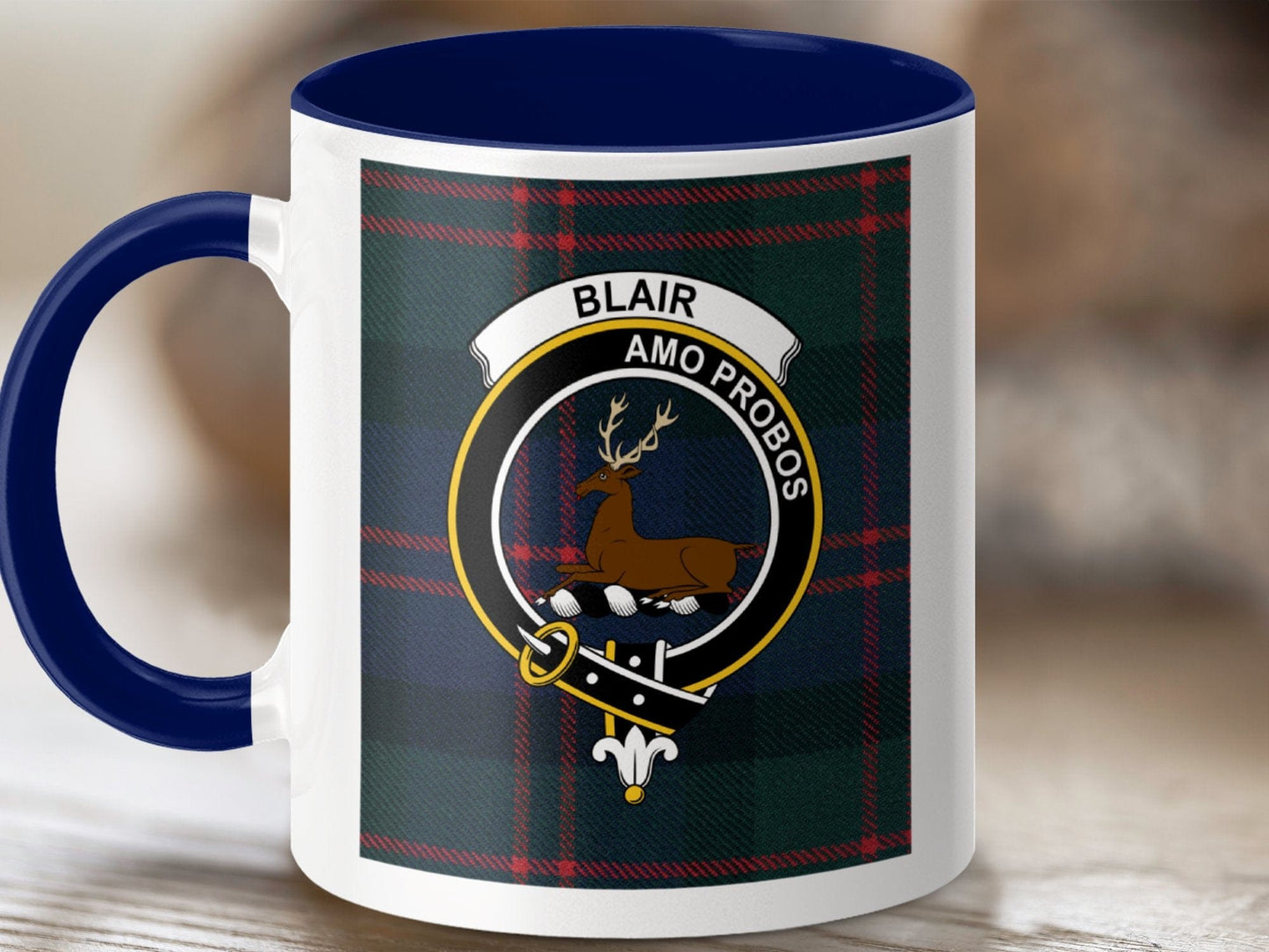 Physical Item 11oz / Dark Blue Blair Clan Scottish Tartan Crest Mug