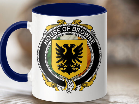 Physical Item 11oz / Dark Blue Browne Family Name Irish Crest Coffee Mugs