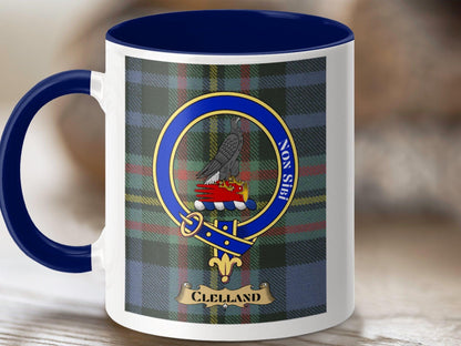 Physical Item 11oz / Dark Blue Clelland Clan Scottish Tartan Crest Mug
