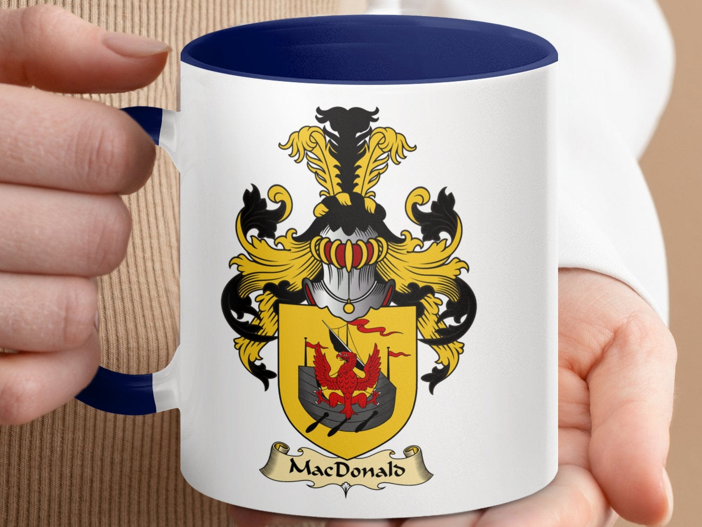 Physical Item 11oz / Dark Blue Historic MacDonald Family Crest Accent Coffee Mug