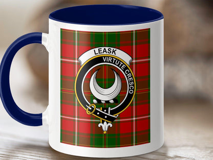 Physical Item 11oz / Dark Blue Leask Clan Scottish Tartan Crest Mug