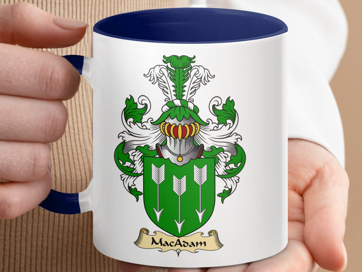 Physical Item 11oz / Dark Blue MacAdam Family Crest Green Shield Accent Mug