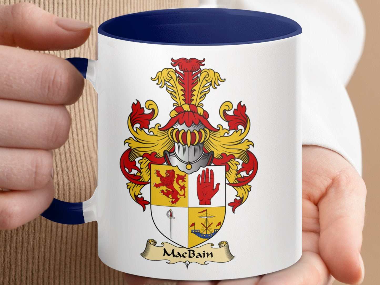 Physical Item 11oz / Dark Blue MacBain Family Crest Heraldic Emblem Coffee Mug