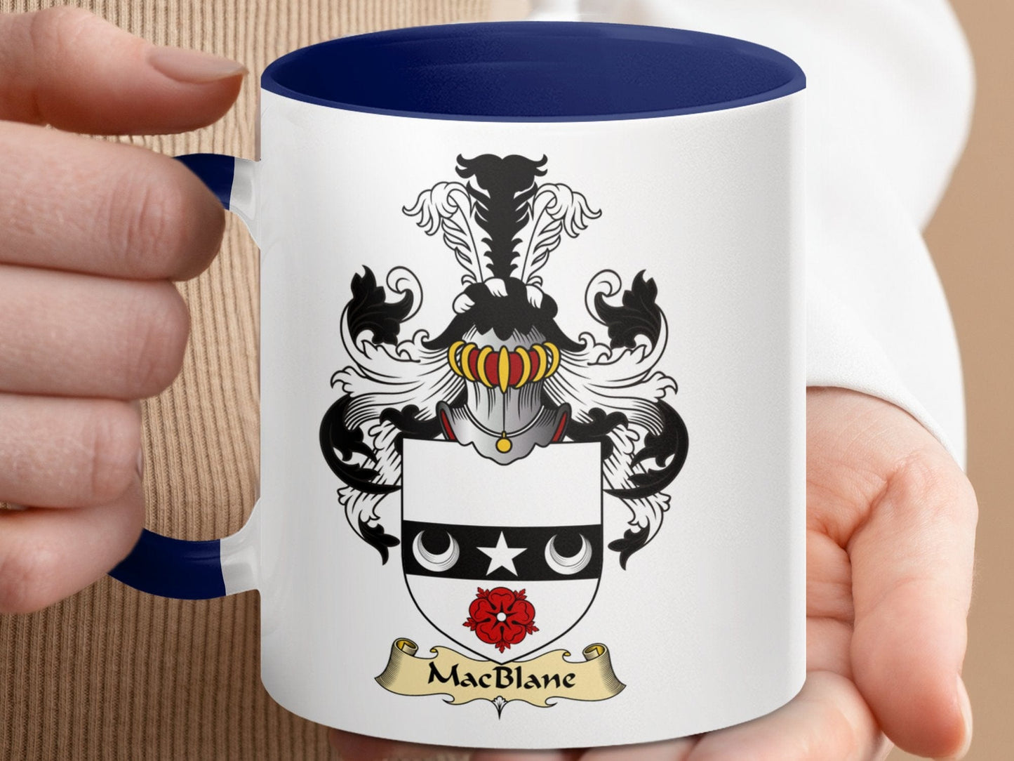 Physical Item 11oz / Dark Blue MacBlane Family Crest Coat of Arms Accent Coffee Mug