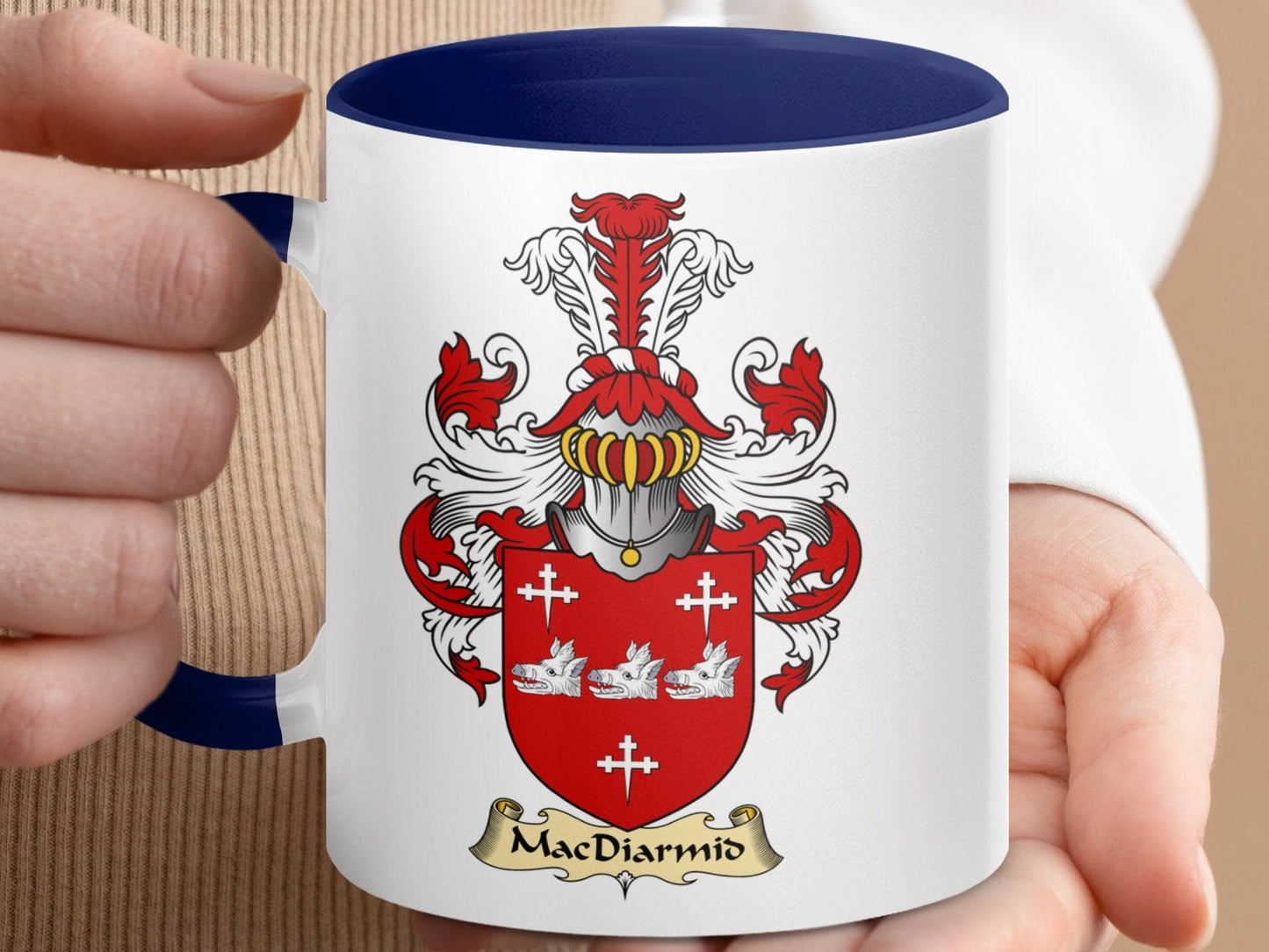 Physical Item 11oz / Dark Blue MacDiarmid Family Crest Coat of Arms Emblem Mug