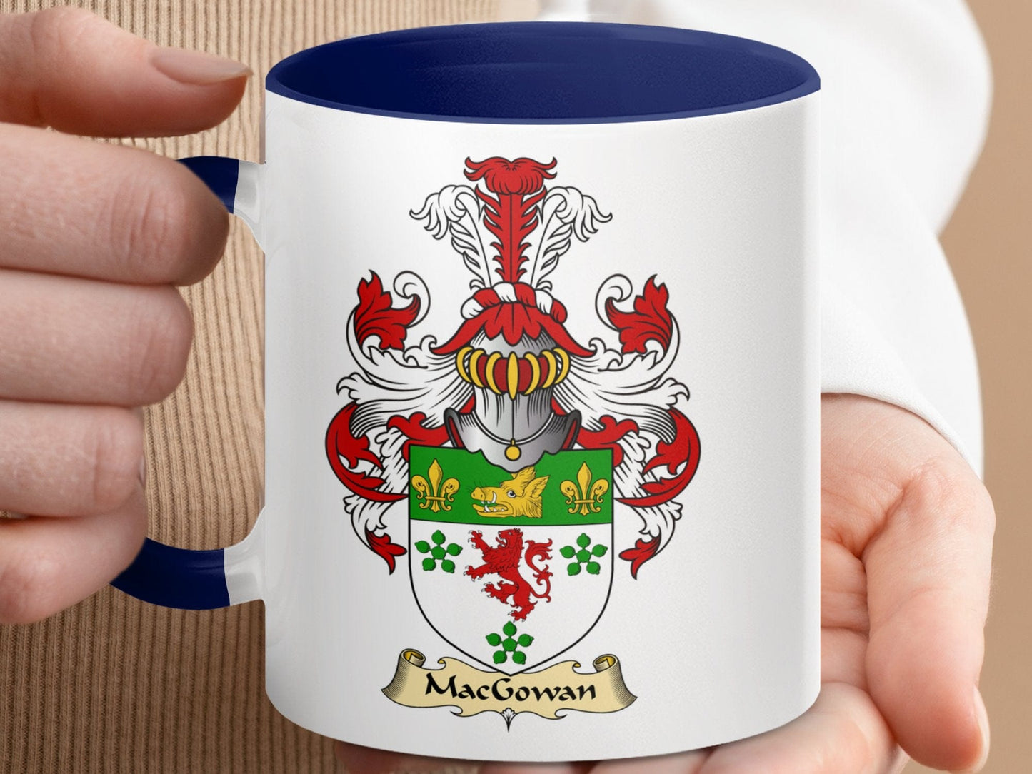 Physical Item 11oz / Dark Blue Macgowan Family Crest Heraldry Accent Coffee Mug