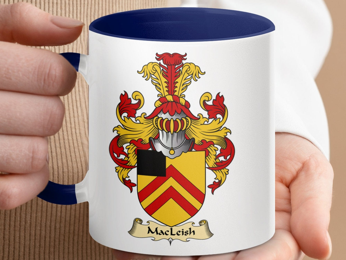 Physical Item 11oz / Dark Blue MacLeish Family Crest Coat of Arms Shield Accent Mug