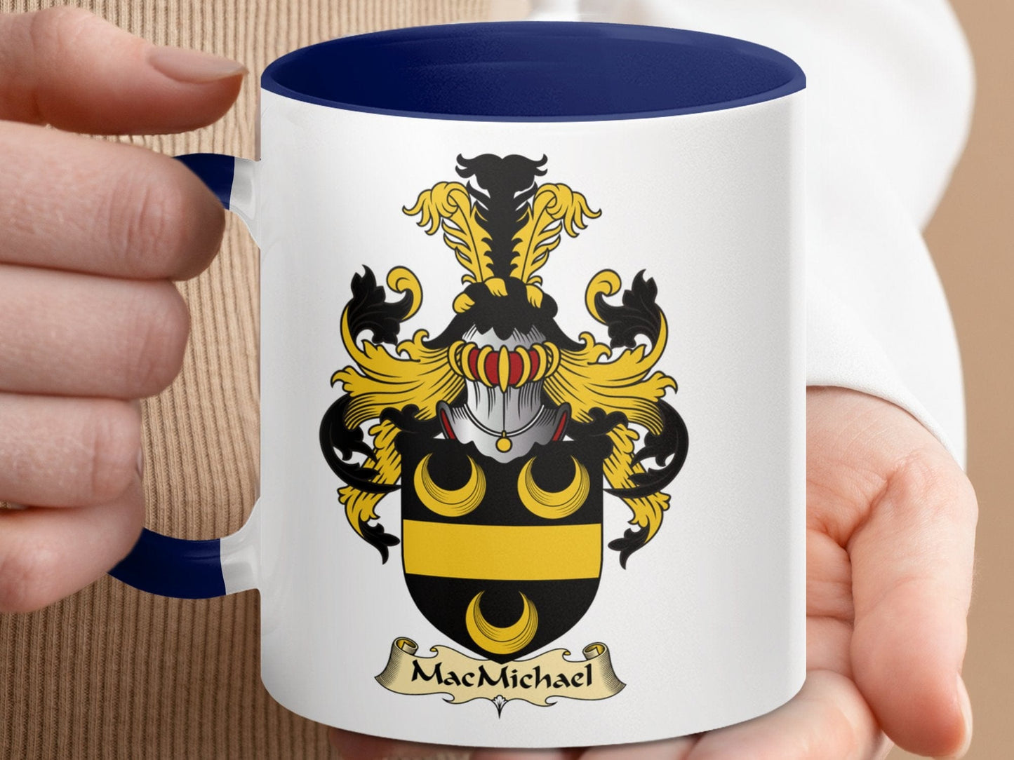 Physical Item 11oz / Dark Blue MacMichael Family Crest Emblazoned Accent Coffee Mug