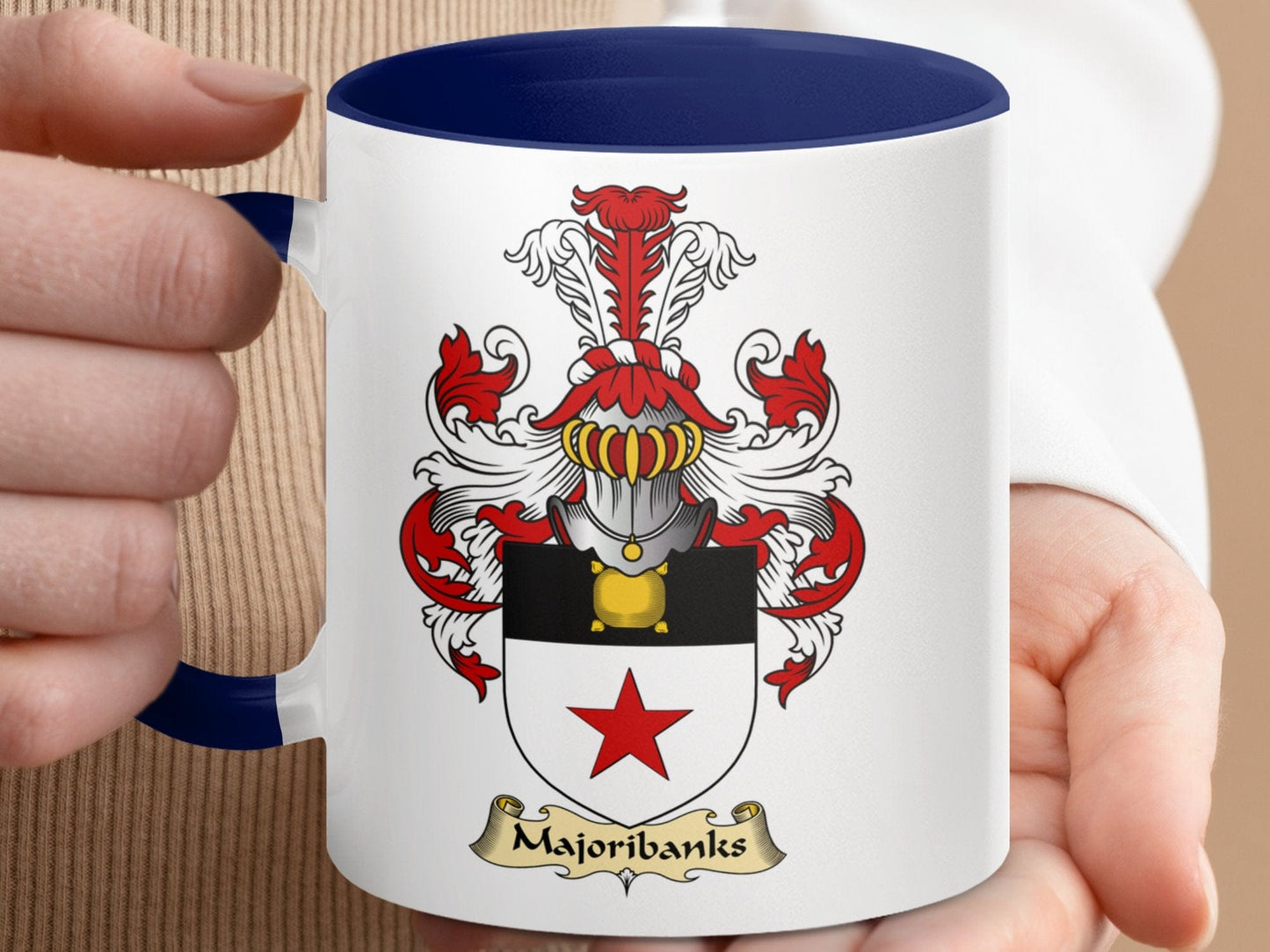 Physical Item 11oz / Dark Blue Majoribanks Clan Surname Coat of Arms Design Mug