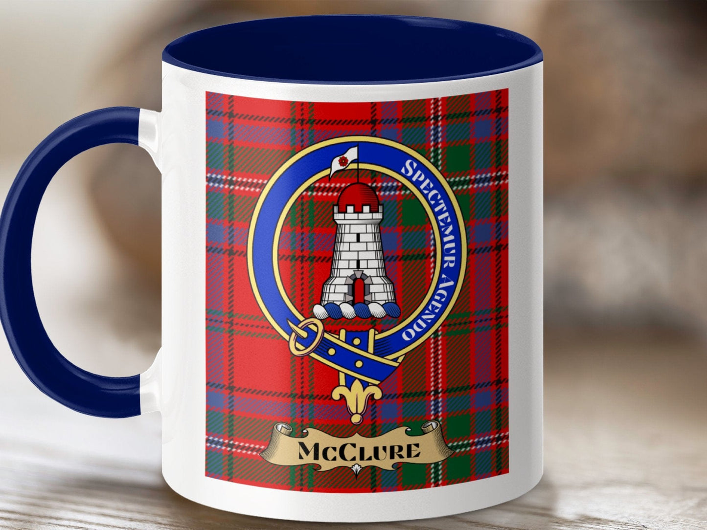 Physical Item 11oz / Dark Blue McClure Clan Scottish Tartan Crest Mug