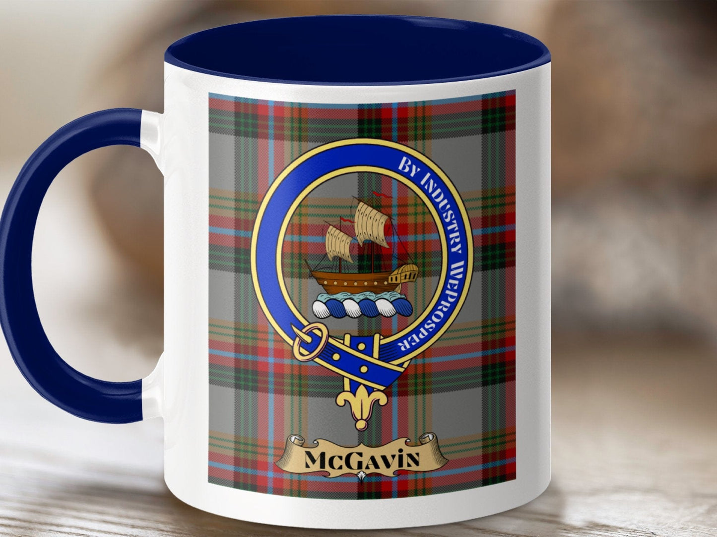 Physical Item 11oz / Dark Blue McGavin Clan Scottish Tartan Crest Mug