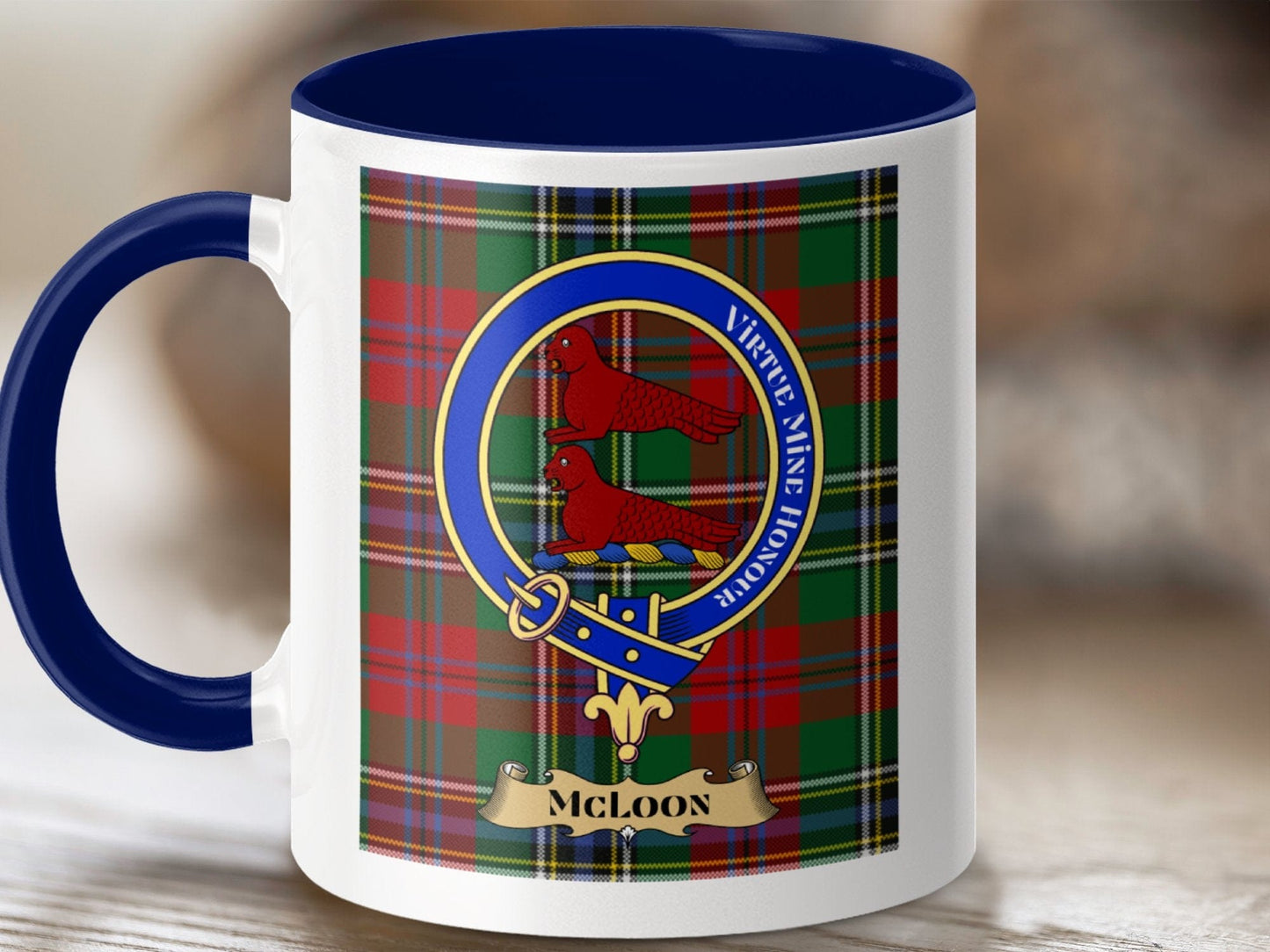 Physical Item 11oz / Dark Blue McLoon Clan Scottish Tartan Crest Mug