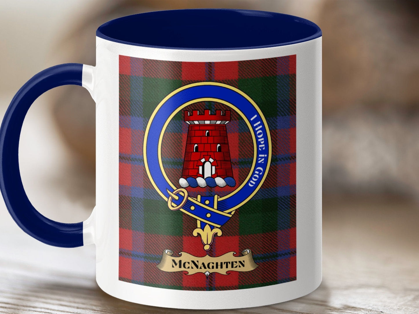 Physical Item 11oz / Dark Blue McNaghten Clan Scottish Tartan Crest Mug