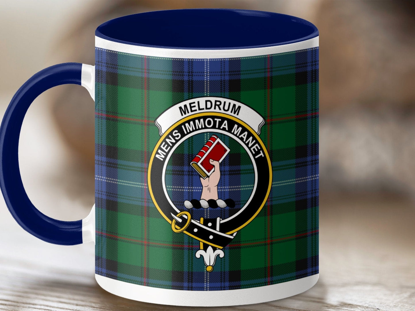 Physical Item 11oz / Dark Blue Meldrum Clan Crest Tartan Scottish Mug