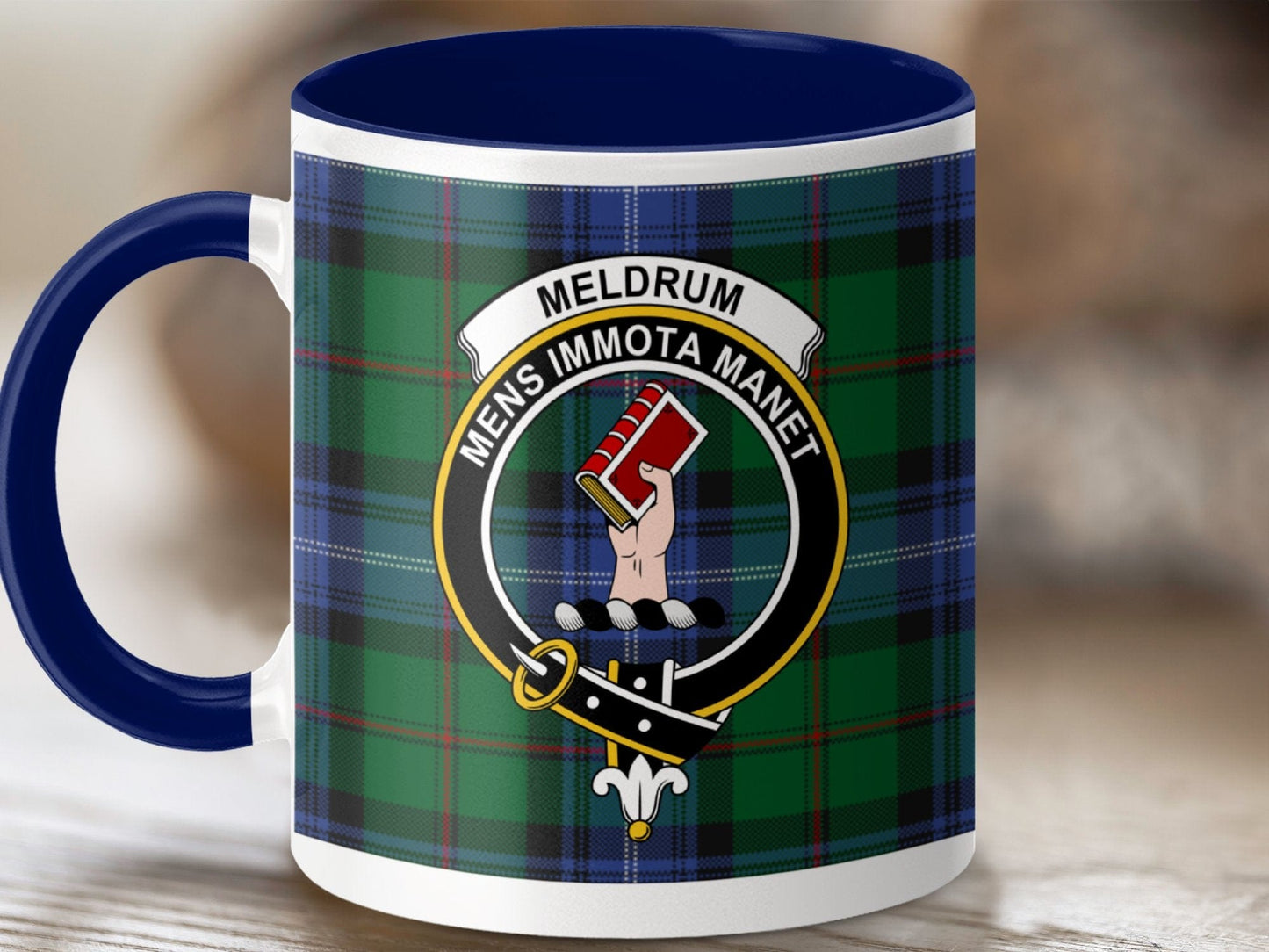 Physical Item 11oz / Dark Blue Meldrum Clan Scottish Tartan Plaid Crest Mug