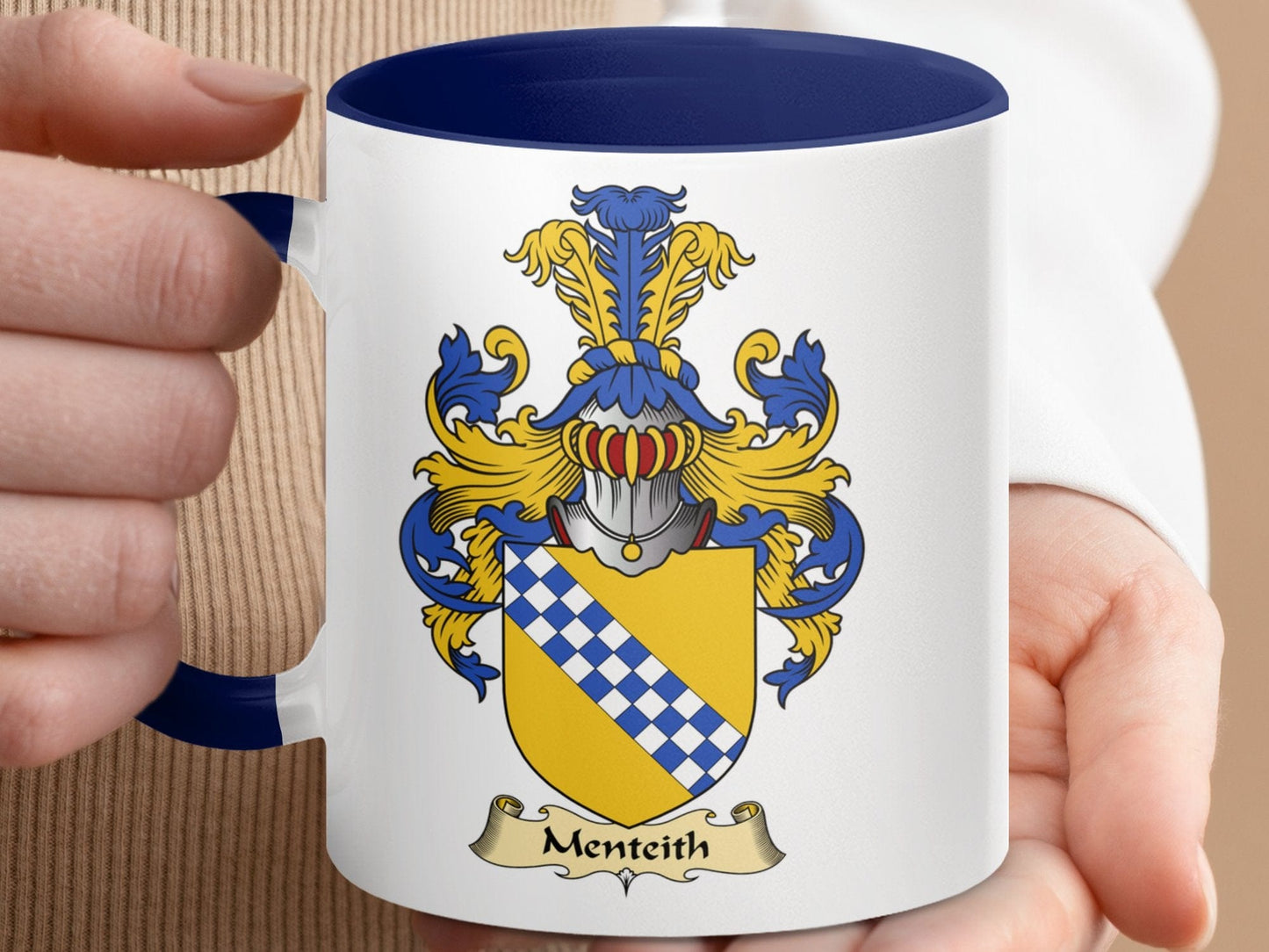 Physical Item 11oz / Dark Blue Menteith Clan Surname Coat of Arms Design Mug