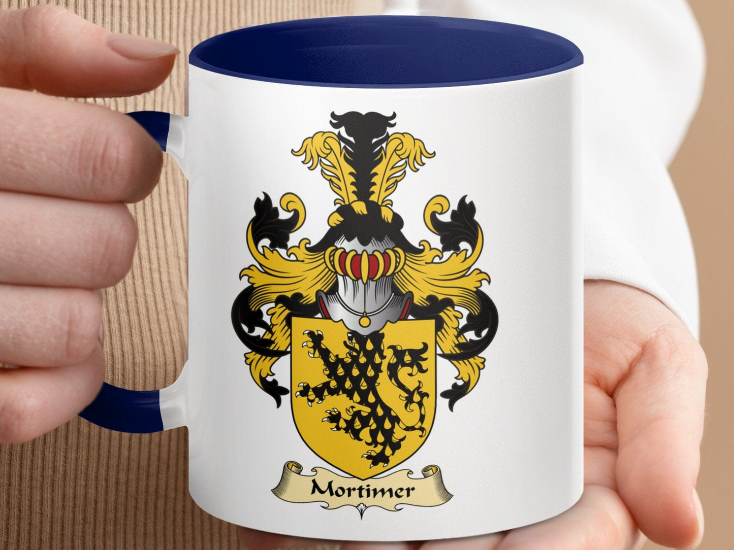 Physical Item 11oz / Dark Blue Mortimer Family Crest Coat of Arms Emblem Coffee Mug