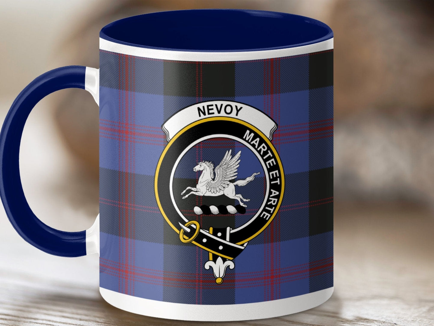 Physical Item 11oz / Dark Blue Nevoy Clan Crest Tartan Scottish Mug