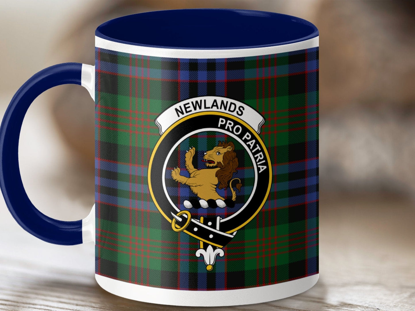 Physical Item 11oz / Dark Blue Newlands Clan Crest Tartan Scottish Mug