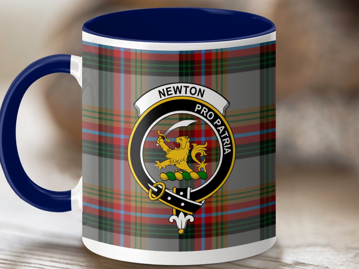 Physical Item 11oz / Dark Blue Newton Clan Crest Tartan Scottish Mug