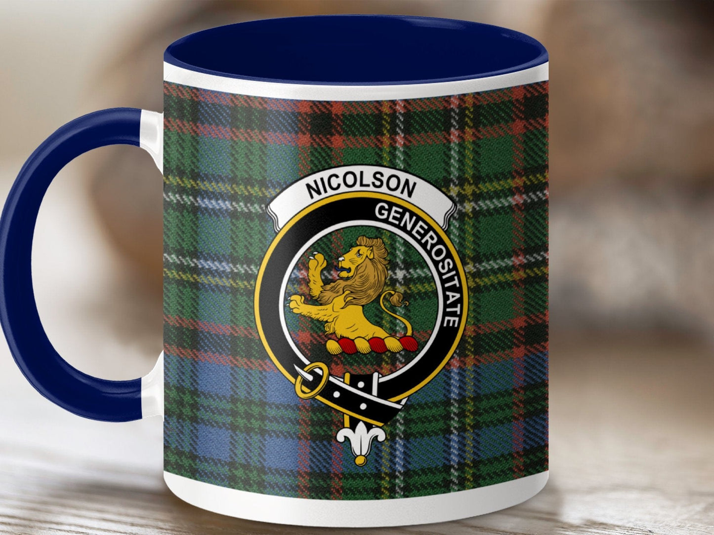 Physical Item 11oz / Dark Blue Nicolson Clan Crest Tartan Scottish Mug