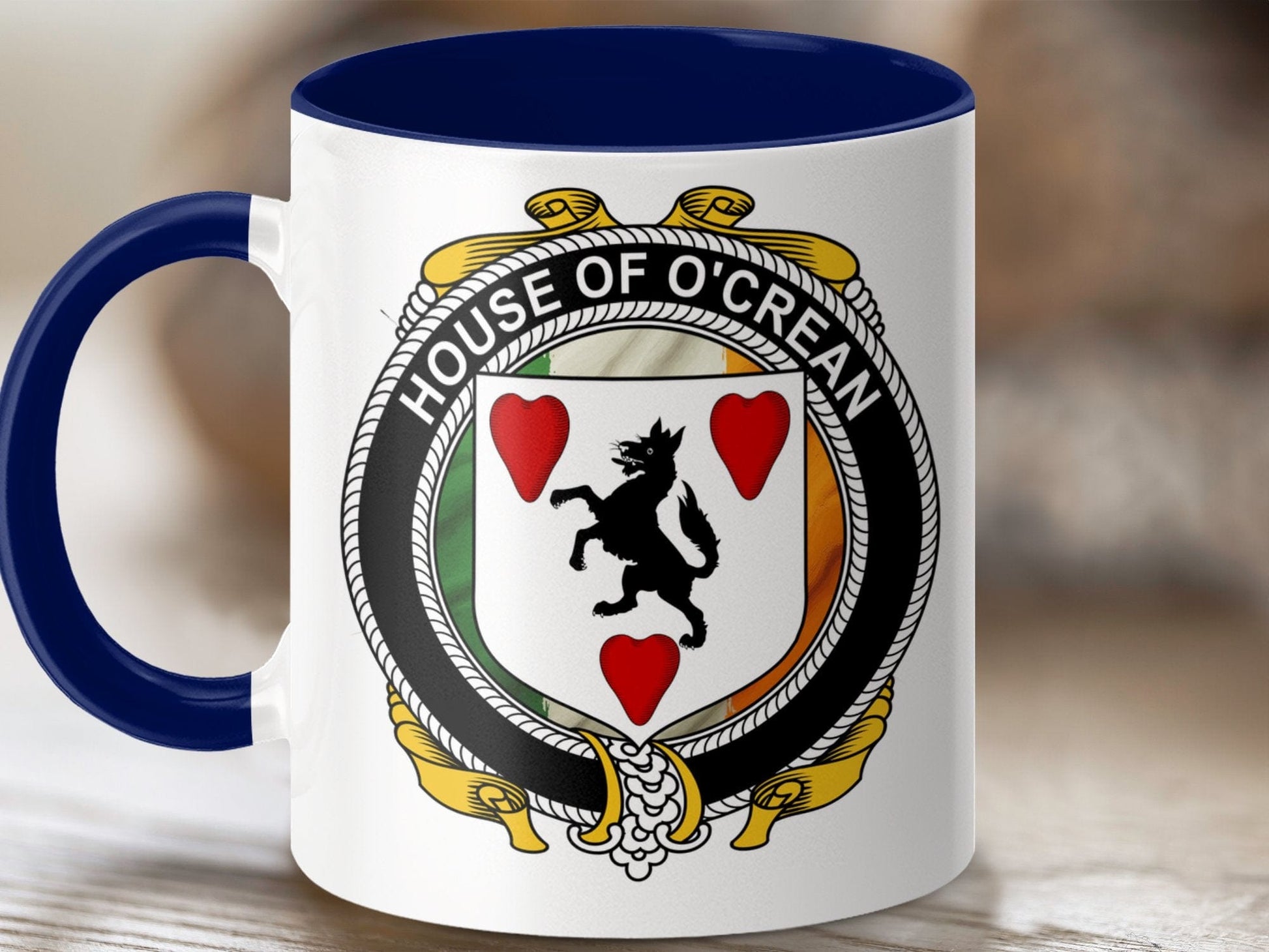 Physical Item 11oz / Dark Blue O'Crean Surname Irish Crest Emblem Coffee Mug