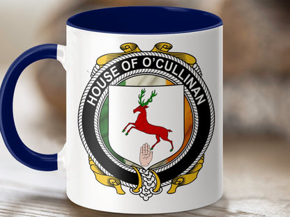 Physical Item 11oz / Dark Blue O'Cullinan Surname Irish Crest Flag Design Mug