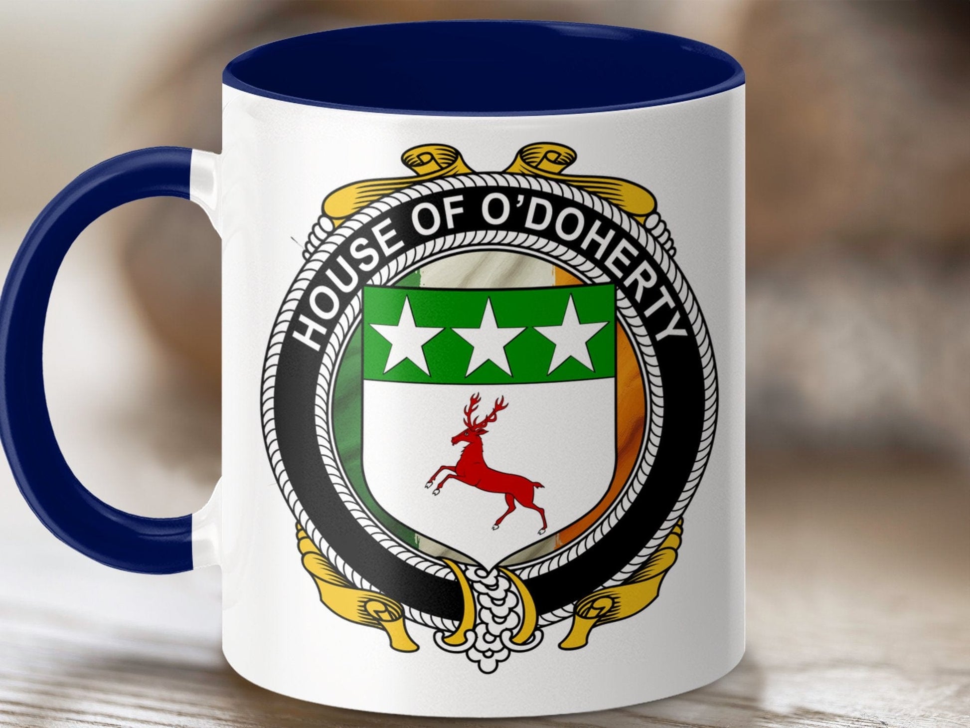 Physical Item 11oz / Dark Blue O'Doherty Irish Coat of Arms Crest design mug