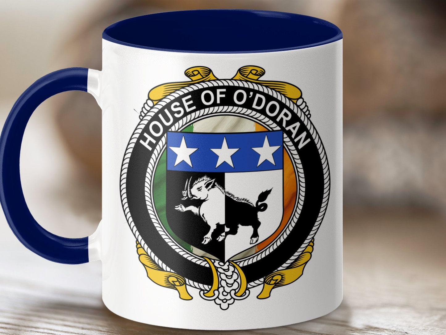 Physical Item 11oz / Dark Blue O'Doran Surname Irish Coat of Arms Crest Mug