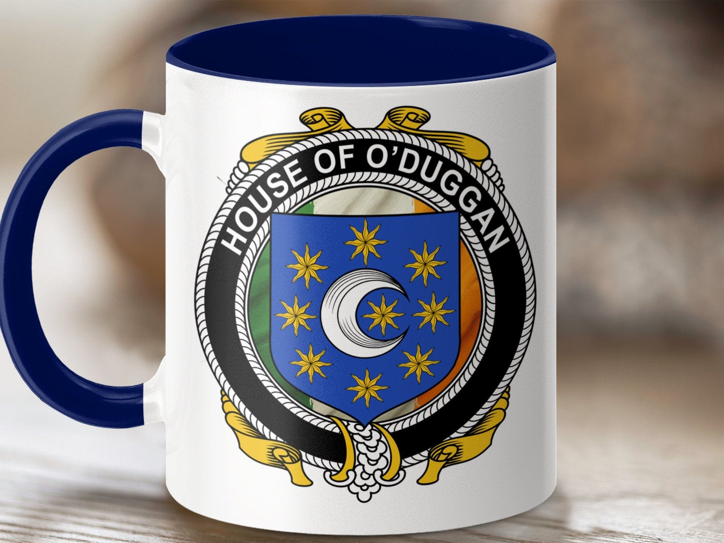 Physical Item 11oz / Dark Blue O'Duggan Surname Irish Crest Mug with Flag Design