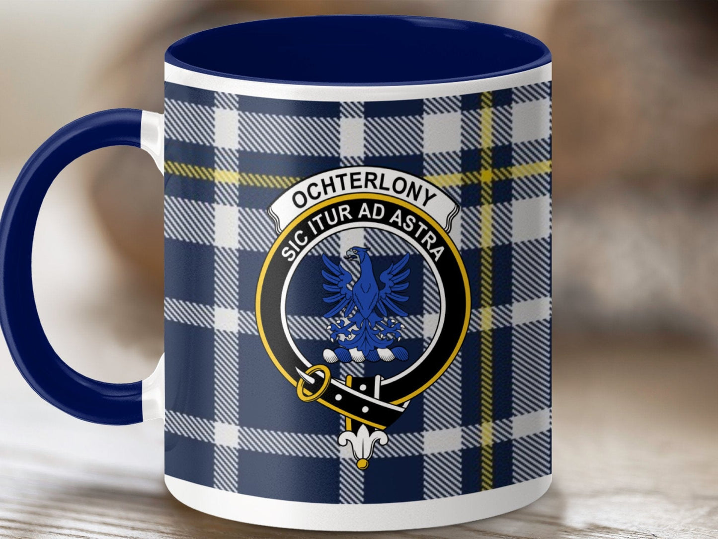 Physical Item 11oz / Dark Blue Ochterlony Clan Crest Tartan Scottish Mug